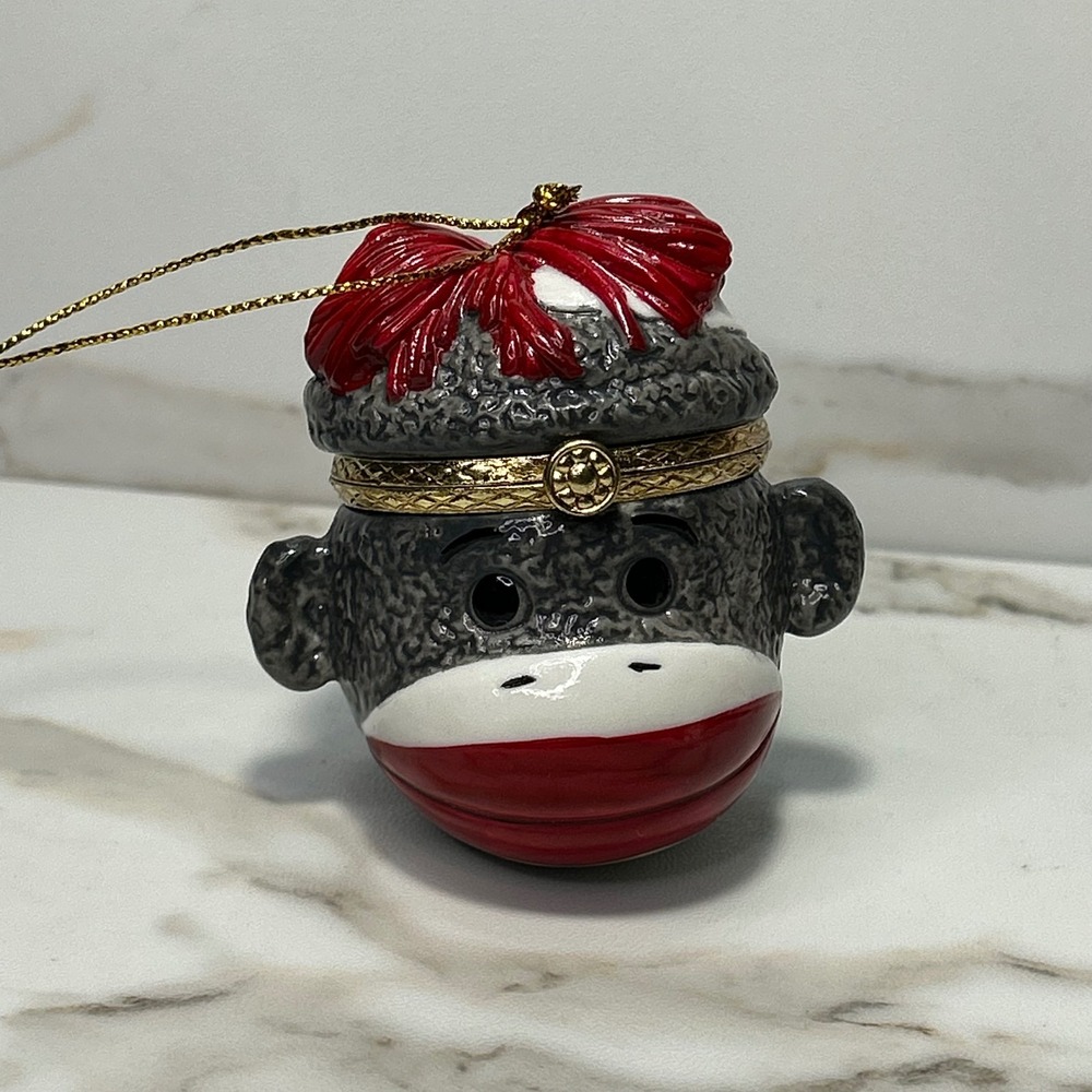 Vintage Style Sock Monkey Head Hinged Trinket Box Christmas Ornament Grey Red